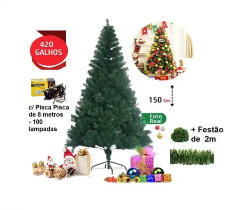 Arvore de Natal Luxo 150cm 420 Galhos Cheia + Pisca + Festão