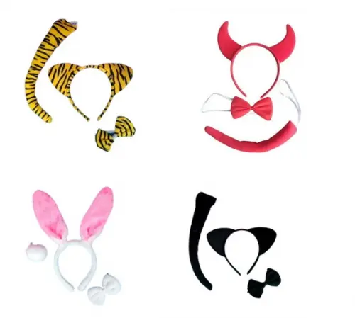Kit 3 Pçs Animais Tiara Gravata Rabo Oncinha Coelho Carnaval