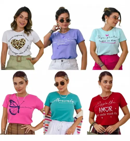 Kit 5 Blusa Feminina T-shirt Baby Look Camiseta Femininas