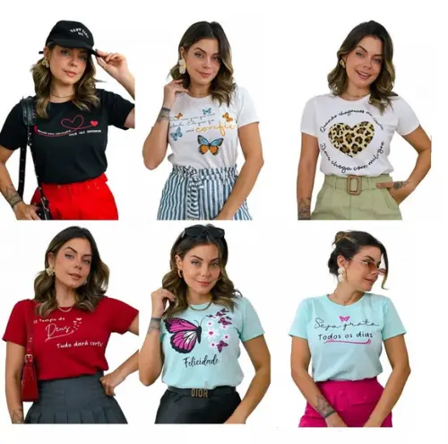 Kit 5 Blusa Feminina T-shirt Baby Look Camiseta Femininas