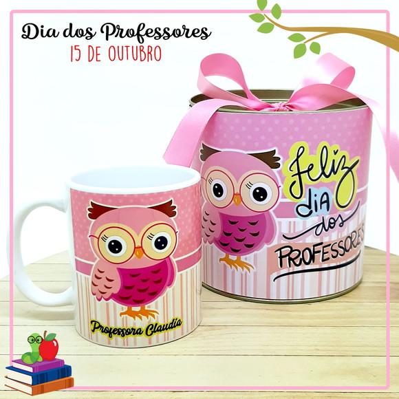Caneca com Tubolata Dia dos Professores - Coruja Rosa