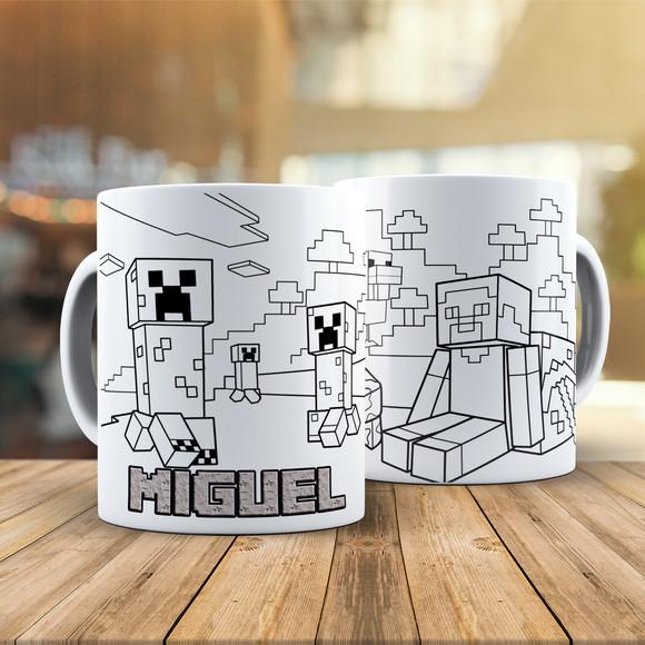 Caneca para Colorir Minecraft + Nome Individual + Tema Novo