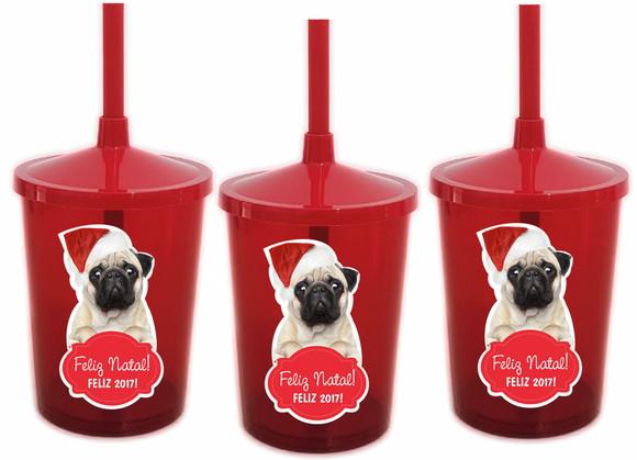 Copo com Canudo Cachorro Pug Natal