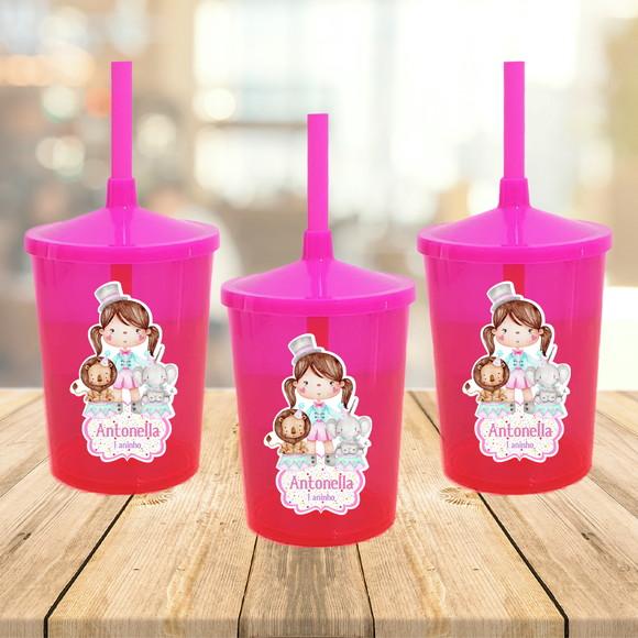 Copo com Canudo Circo Rosa Aquarela