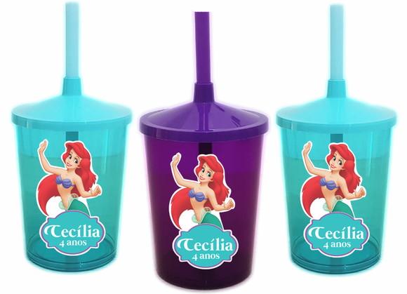 Copo com Canudo Pequena Sereia Ariel