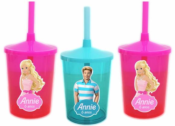 Copo com Canudo Shake Barbie e Ken