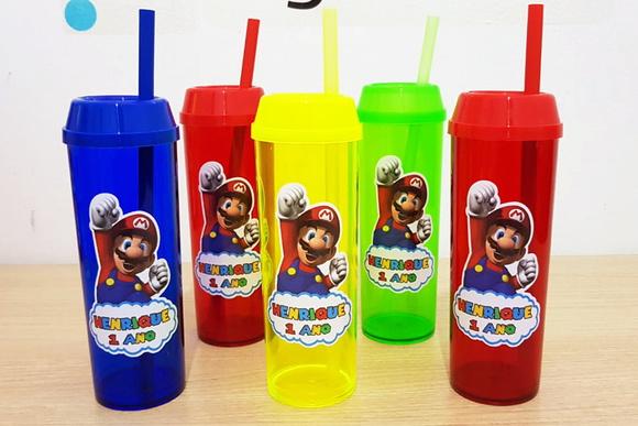 Copo Long Drink com Tampa e Canudo Super Mário