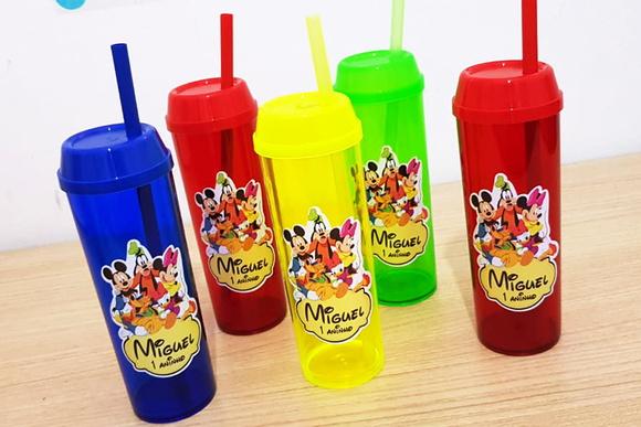 Copo Long Drink com Tampa e Canudo Turma do Mickey