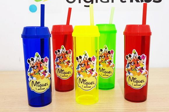 Copo Long Drink com Tampa e Canudo Turma do Mickey
