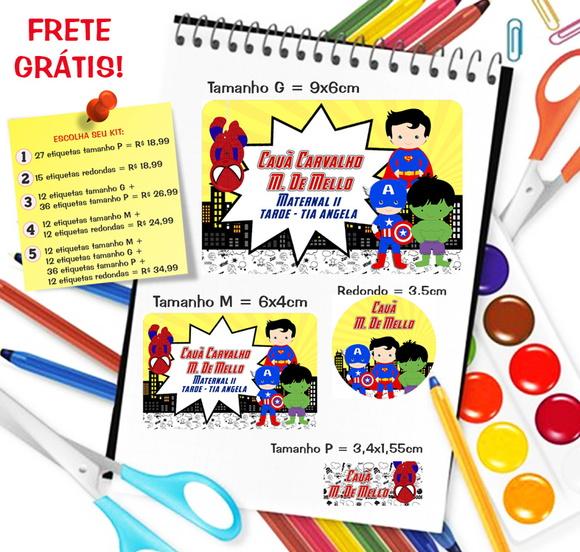 Kit com 79 Etiquetas Escolares Personalizadas Heróis