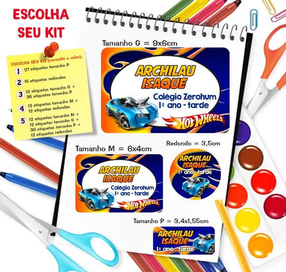Kit com 79 Etiquetas Escolares Personalizadas Hot Wheels