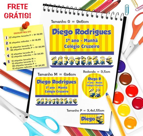 Kit com 79 Etiquetas Escolares Personalizadas Minions