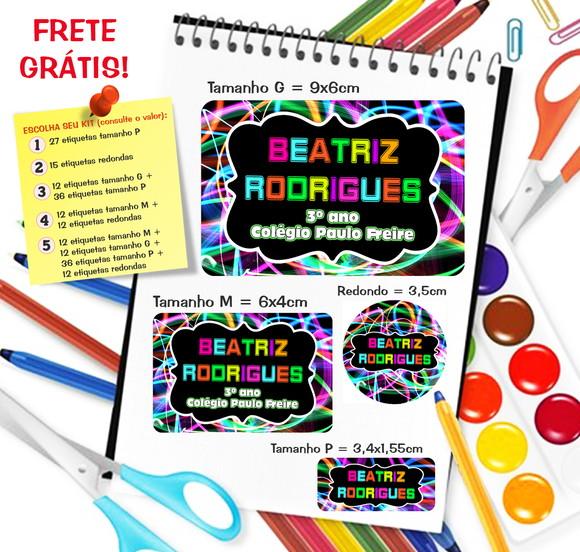Kit com 79 Etiquetas Escolares Personalizadas Neon