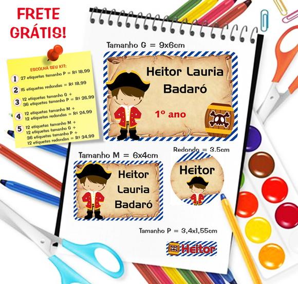 Kit com 79 Etiquetas Escolares Personalizadas Pirata