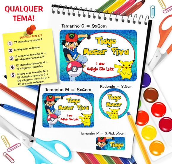 Kit com 79 Etiquetas Escolares Personalizadas Pokemon