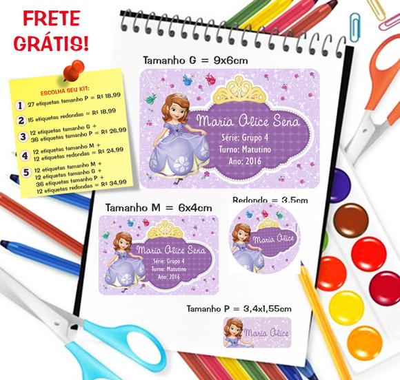 Kit com 79 Etiquetas Escolares Personalizadas Princesa Sofia