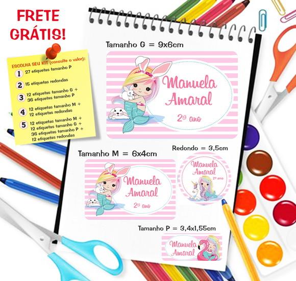 Kit com 79 Etiquetas Escolares Personalizadas Sereia Cute
