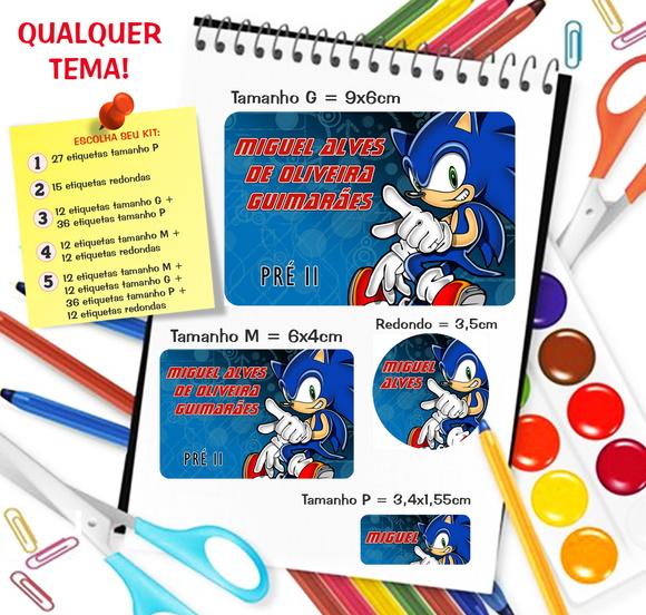 Kit com 79 Etiquetas Escolares Personalizadas Sonic