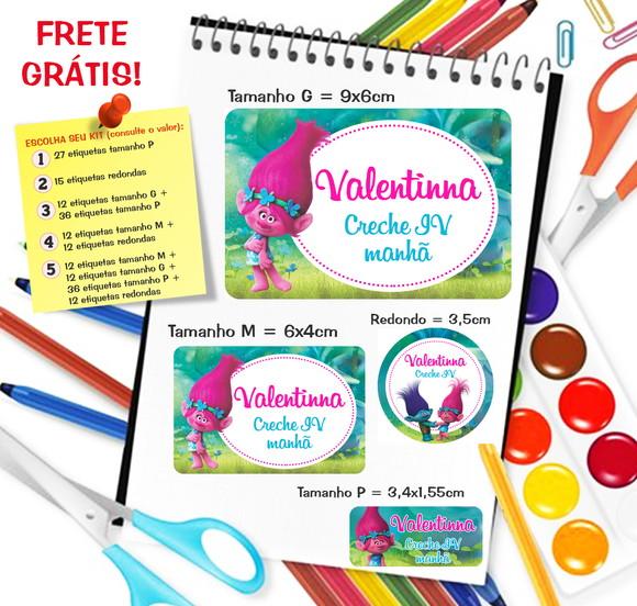Kit com 79 Etiquetas Escolares Personalizadas Trolls
