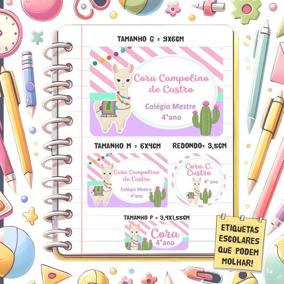 Kit Etiquetas Escolares Lhama Rosa e Lillás 79 Unidades