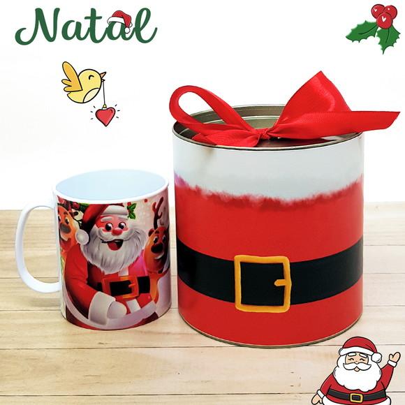 Lata com Caneca de Cerâmica Papai Noel
