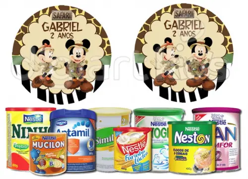 Adesivo para Tampa de Lata de Leite Pequena Mickey Safari