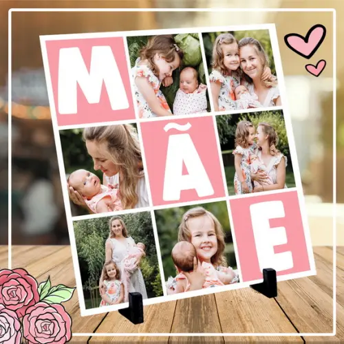 Azulejo com Fotos Dia das Mães 20x20cm com Suporte - Rosa