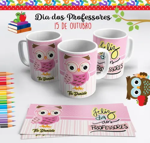 Caneca com Tubolata Dia dos Professores - Coruja Rosa