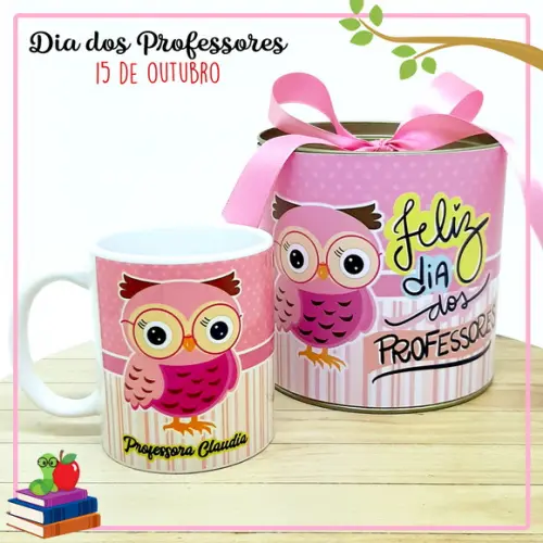 Caneca com Tubolata Dia dos Professores - Coruja Rosa