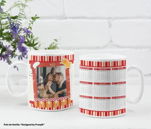 Caneca de Cerâmica com Calendário e Foto ou Logo