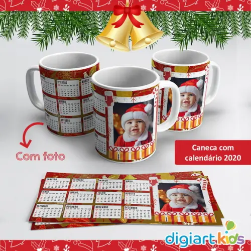 Caneca de Natal com Foto ou Logo e Calendário