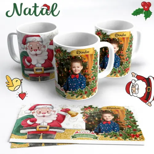 Caneca de Natal Papai Noel Aquarela com Foto