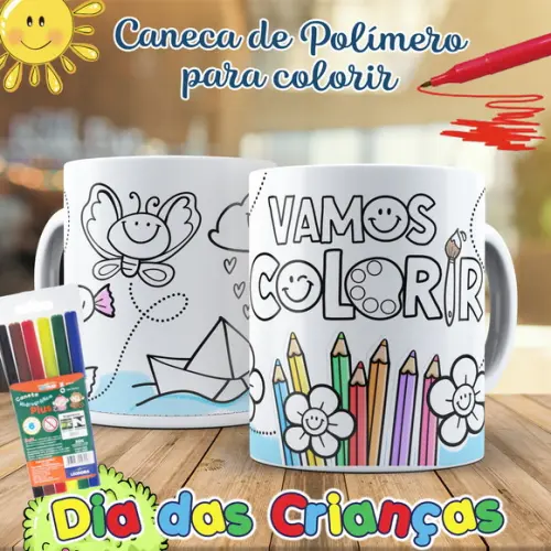 Caneca de Polímero para Colorir Dia das Crianças e Canetinha