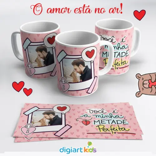 Caneca Dia dos Namorados com Foto Você é Minha Metade Rosa