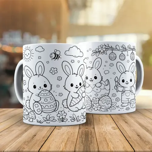 Caneca para Colorir Páscoa Coelhos