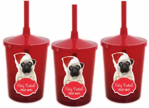 Copo com Canudo Cachorro Pug Natal