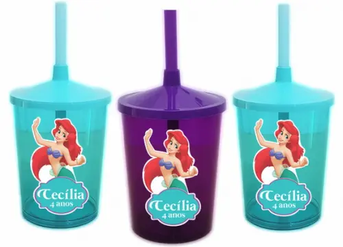 Copo com Canudo Pequena Sereia Ariel