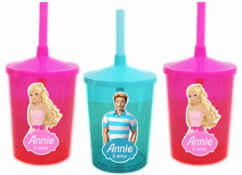 Copo com Canudo Shake Barbie e Ken