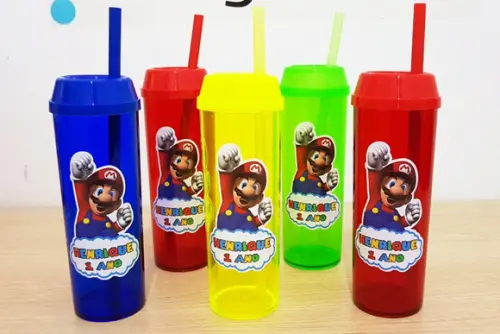 Copo Long Drink com Tampa e Canudo Super Mário