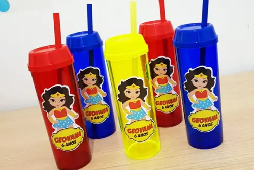 Copo Long Drink com Tampa e Canudo Mulher Maravilha