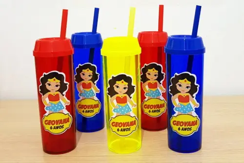 Copo Long Drink com Tampa e Canudo Mulher Maravilha