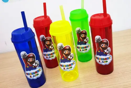 Copo Long Drink com Tampa e Canudo Super Mário