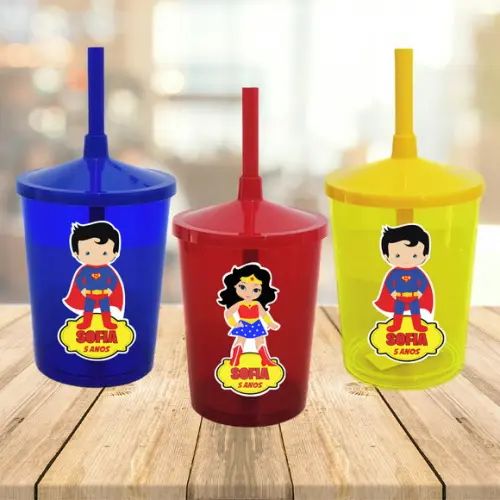 Copo Mulher Maravilha e Super Homem Cute