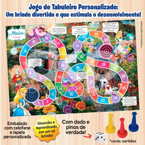 Jogo de Tabuleiro Personalizado Alice com Dado e Pinos