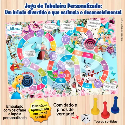 Jogo de Tabuleiro Personalizado Alice com Dado e Pinos