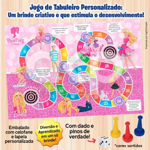 Jogo de Tabuleiro Personalizado Barbie com Dado e Pinos