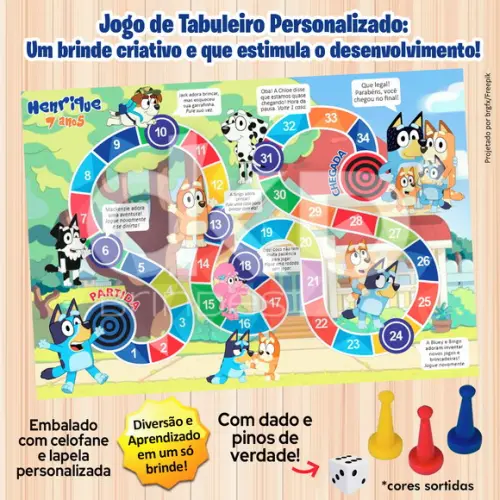 Jogo de Tabuleiro Personalizado Bluey com Dado e Pinos