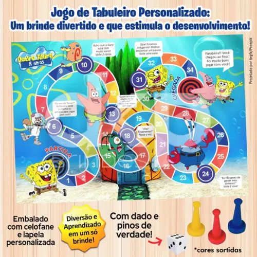 Jogo de Tabuleiro Personalizado Bob Esponja com Dado e Pinos