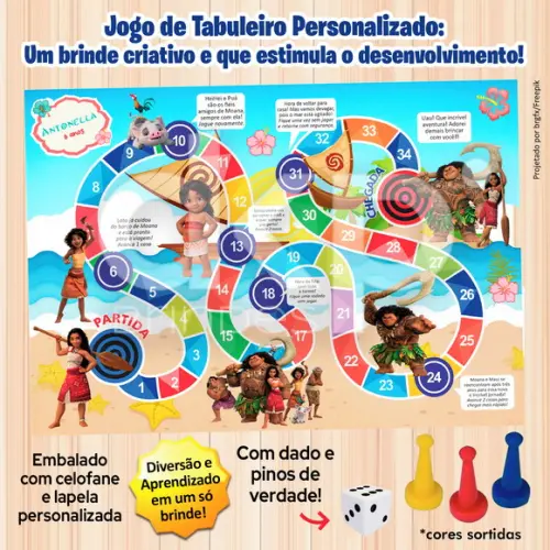 Jogo de Tabuleiro Personalizado Moana 2 com Dado e Pinos