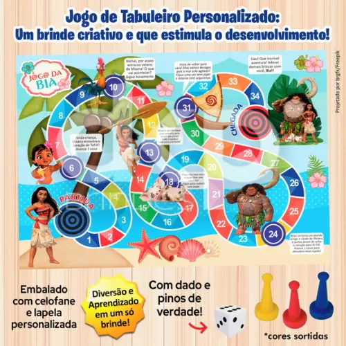 Jogo de Tabuleiro Personalizado Moana com Dado e Pinos